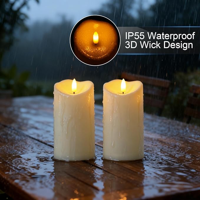 Raycare 6"x3" Outdoor Waterproof Flameless Candles with Remote and Timer, Battery Operated LED Electric Fake Pillar Candle for Christmas Home Wedding Decor, Dark Ivory, Set of 2