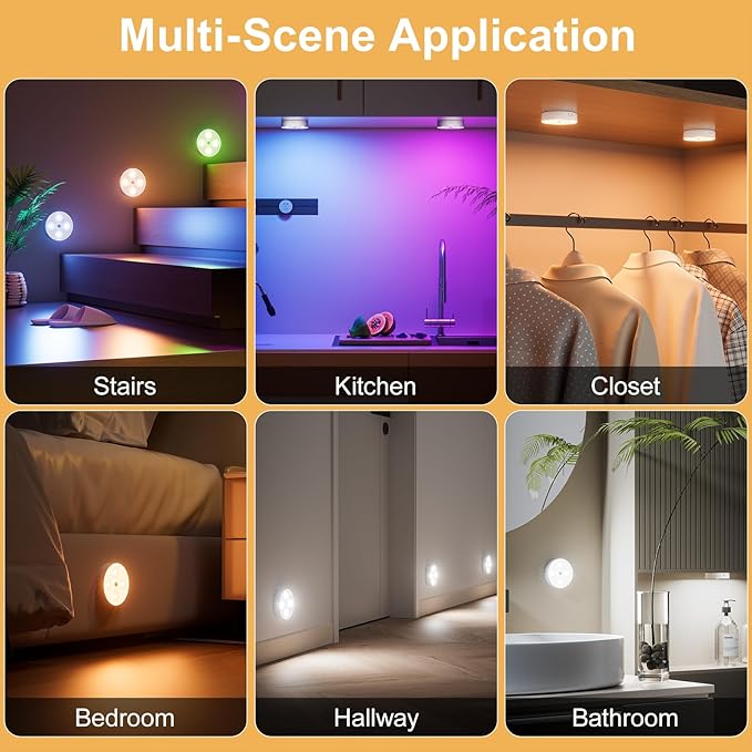 RGB Puck Lights with Remote & Motion Sensor – 1500mAh Rechargeable Under Cabinet Lighting for Kitchen, Closet & Stairs – 13 Colors, Magnetic Stick-On Lights, 4 Pack