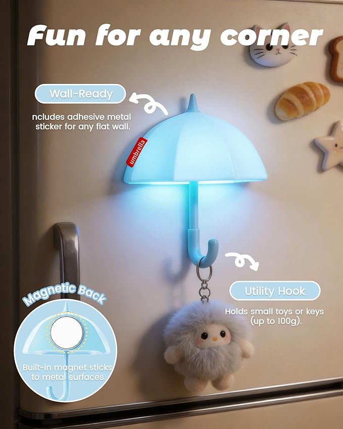 Kids Night Light Umbrella, Silicone Tap Control Magnetic Bedside Lamp with Time Auto-Off, Cute Portable LED Nursery Light for Baby, Toddler, Bedroom and Keychain Holder