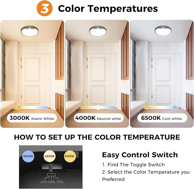 slochi 4Pack Motion Sensor Light Indoor Wired PIR, 3000K/4000K/6500K Closet Lights Motion Sensored, 15W 1500LM 7 in, Timer, Motion Activated Flush Mount Ceiling Light for Hallway Wall Pantry, Black