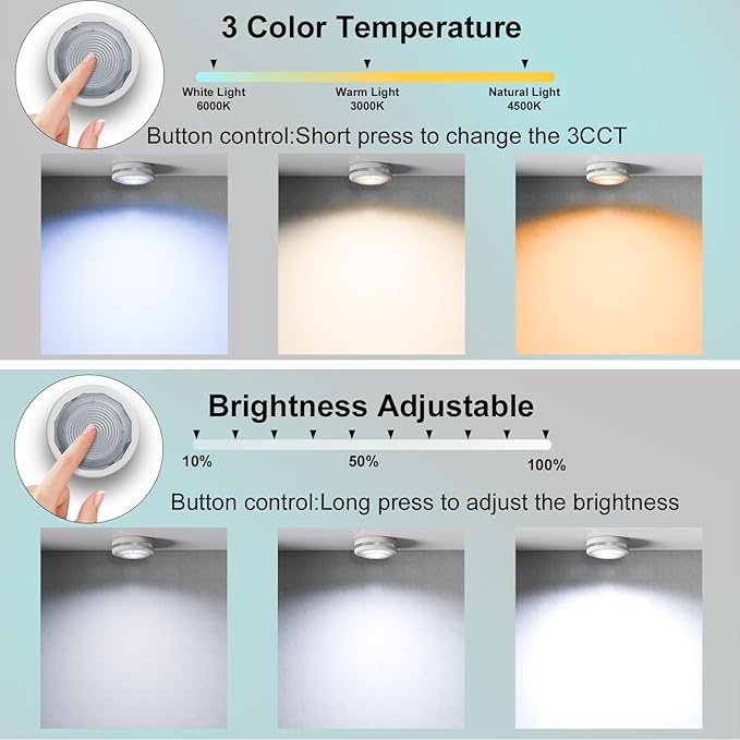 Starxing Battery Operated Puck Lights with Remote, Wireless Led Under Cupboard Light with Remote Control, Under Cabinet Lighting, Stair Closet Lights (3 Color Temperatures)