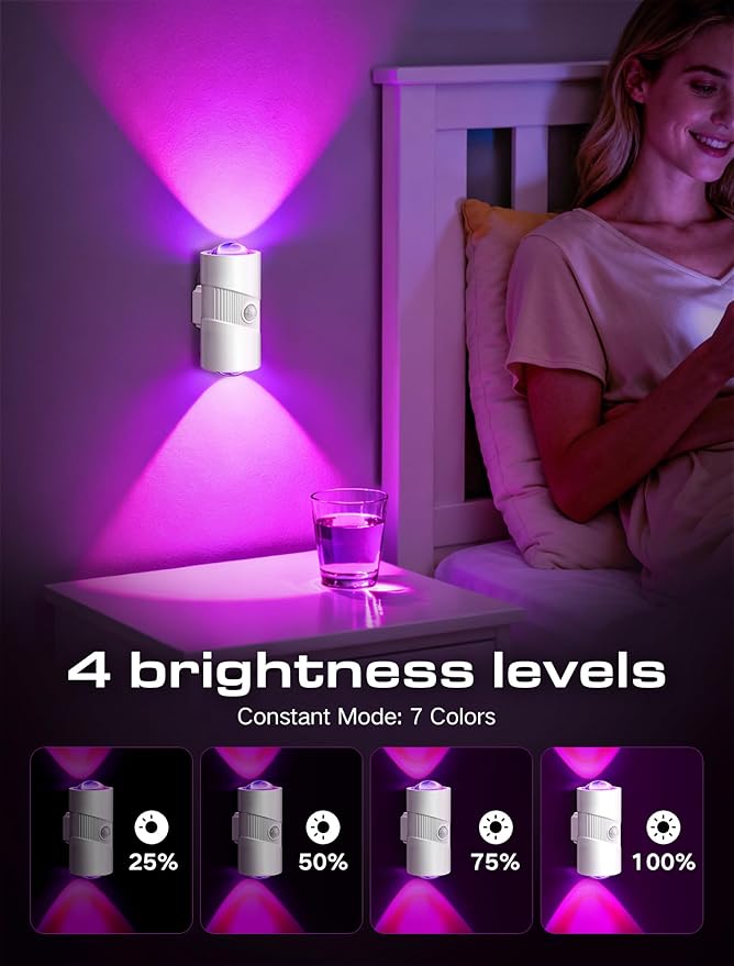 Rechargeable RGB Motion Sensor Night Light, Color Changing LED Night Light with Stick-on Magnet, 4-Level Adjustable Brightness, Nightlights for Bedroom, Bathroom, Hallway, Stairs, Closet, 2-Pack (1)