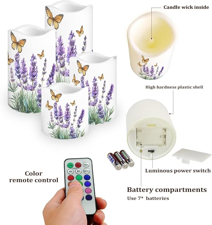 Lavender Butterfly Flameless Candles Bulk Timer Battery Operated Candles with Remote Color Changing Electric Pillar Led Candles Room Home Dining Table Decorations Tea Light