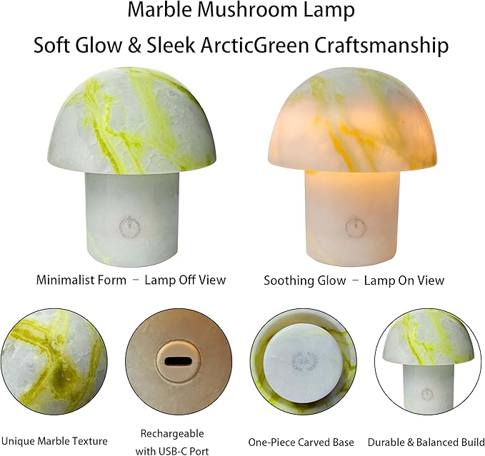 Arctic Green Gemstone Mushroom Lamp - Natural Luxury Stone Night Light with LED, Touch Control 3 Brightness, USB Rechargeable Bedside Decor Gift