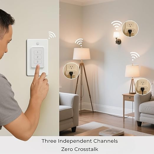Remote Control Outlet: Wireless Light Switch with Wall Plate — Long Range — Plug in On Off Switch for Lights & Small Appliances — 1 Remote for 3 Outlets — no Wiring