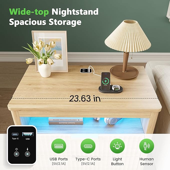 HNEBC Nightstand with Gun Drawer for Bedroom, Wood Night Stand with Hidden Compartment, Auto LED Lighted, Charger Station, 2 Drawer, 23.6" Wider Bedside Table for Dorm,Sofa,Office