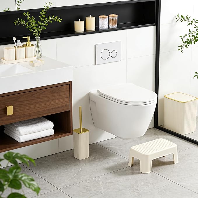 Bathroom Accessories Set-9PC Set, Complete Bathroom Decor & Home Decor, Bathroom Set with Toilet Brush, Trash Can, Soap Dispenser,Modern Home Bath (Beige&Gold, Bath Set)