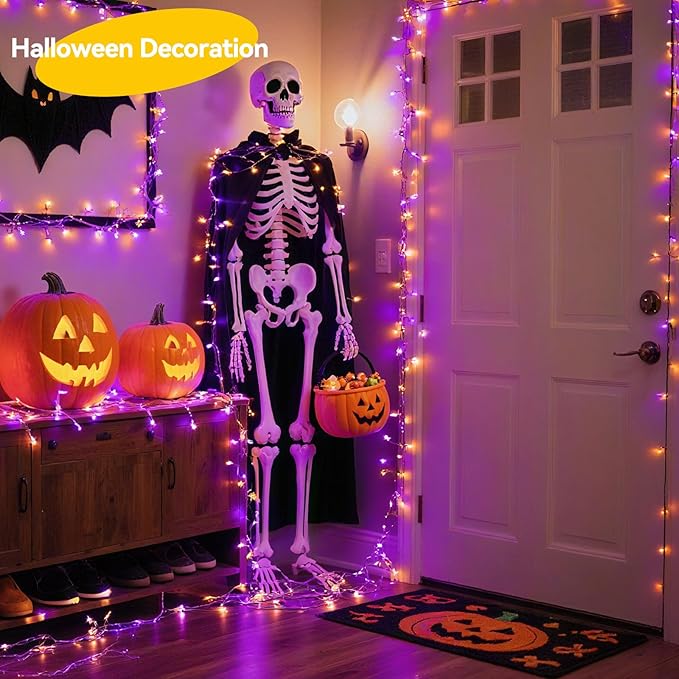 4 Pack 240LED Halloween Fairy Lights Battery Operated - 20FT Twinkle Lights with 2 Lighting Modes Indoor, Waterproof Led Fairy String Lights for Christmas, Bedroom, Dorm, DIY Decor, Purple & Orange