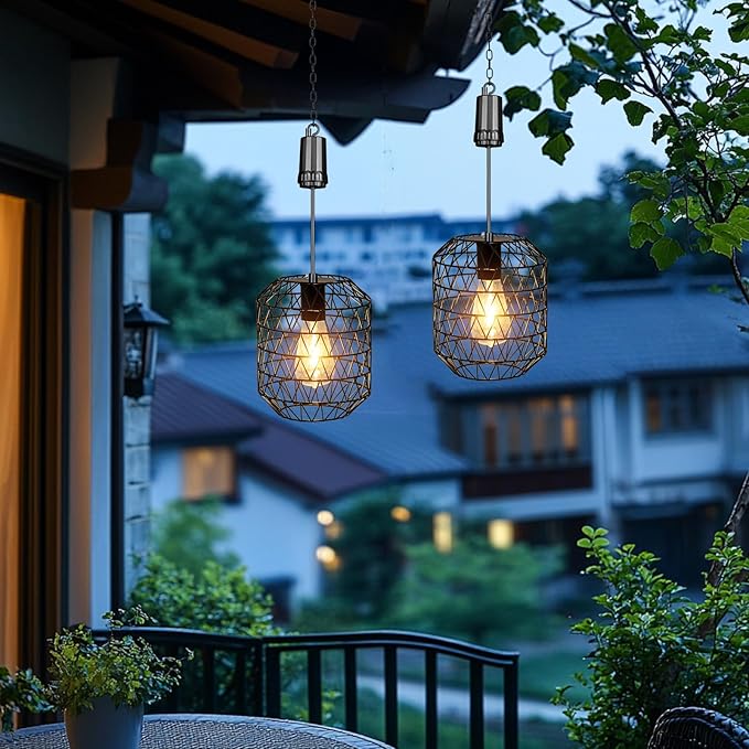 Livinlarge 6 Hours Timer Battery Operated Outdoor Hanging Light — Outdoor Indoor Pendant Chandelier Waterproof Porch Gazebo Patio Pendant Lantern Chandelier Lighting-Out Auto On/Off