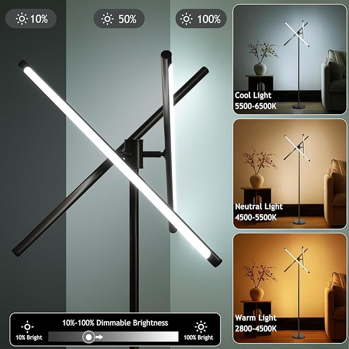 LED Dimmable Floor Lamp with Remote & Foot Switch, 2700–6000K Adjustable Color Temperature & Stepless Dimming, 3-Bar Linear Tall Standing Lamp, Slim Black Corner Floor Lamp for Living Room Bedroom