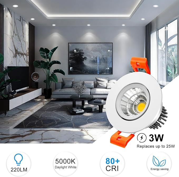 inShareplus 2 Inch LED Downlight, 3W Recessed Lighting COB Dimmable, 5000K Daylight White, CRI80, Ceiling Lights with LED Driver, 6 Pack