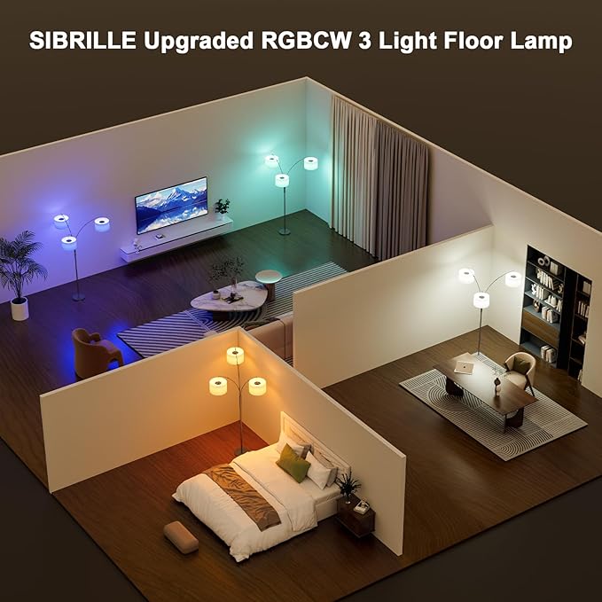 36W RGB Arc Floor Lamp with 3 White Fabric Shades, 3000LM Super Bright Standing Lamp with Remote Control & Touch, Stepless Dimming, Individual Light Control for Living Room, Bedroom
