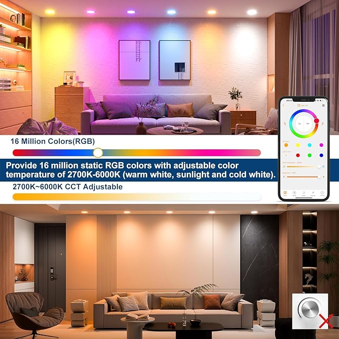 24Pack Smart Recessed Lighting 6 Inch RGBCW Color Changing 16W LED Downlight with Junction Box,1350 Lumen Recessed Ceiling Light Compatible with Alexa,Dimmable by Bluetooth Control