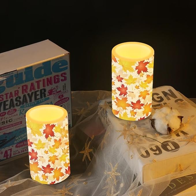 Maple Leaf Flameless Candles with Remote and Timer LED Candles Flickering Battery Operated Fake Candle for Fall Home Thanksgiving Bedroom Living Room Dining Room Table Decor Set of 2