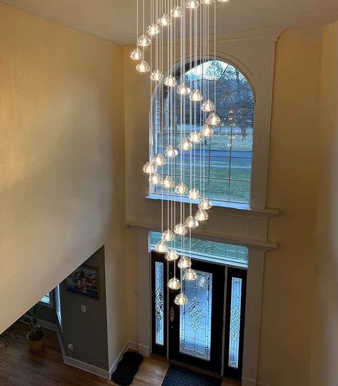 W27.5 x H197 Extra Large Chandelier Bubble Crystal Balls Glam Chandeliers Dimmable Light High Ceiling Pendants Light Fixtures Adjustable Long Lights Silver Chrome