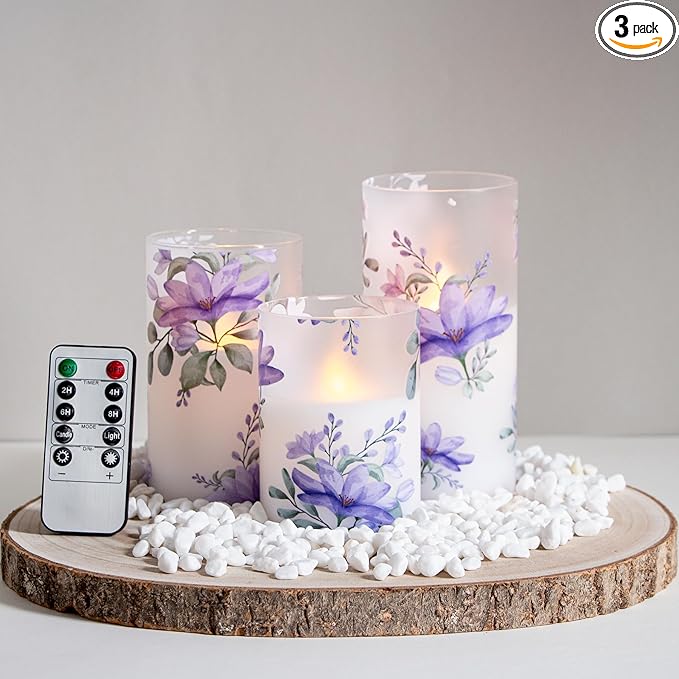Flameless Flickering Glass Candles with Remote and Timer,Purple Flowers LED Battery Operated Real Wax Set of 3 Realistic Wick Electric Pillar Candles,Warm Fire(3 x 4, 5, 6 Inches)