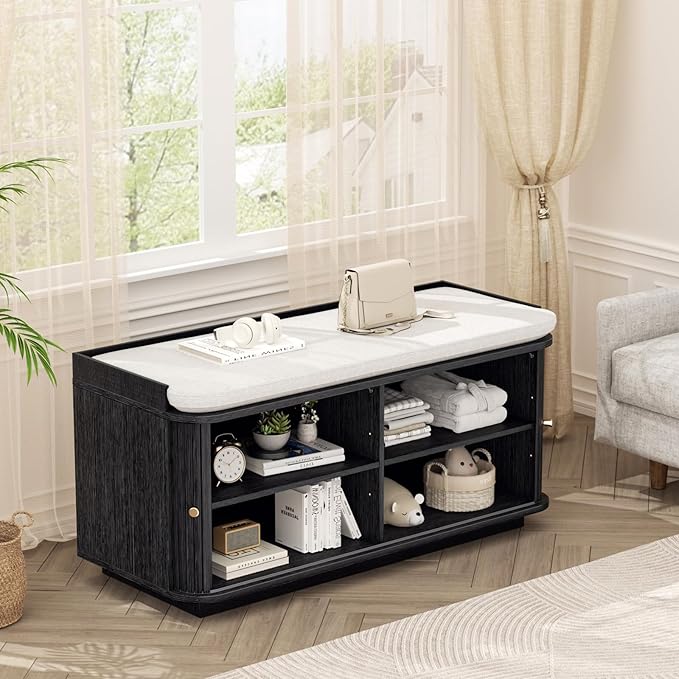 Hall Tree with Bench and Shoe Storage, Entryway Bench with Sliding Door Cabinet, Removable Padded, Metal Wall Hooks and Adjustable Storage Compartments, for Entry, Hallway, Living Room, Black