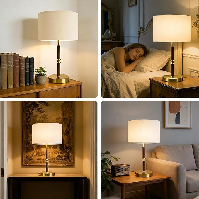 Table Lamp for Bedroom with Dual USB Ports, 19.3" Wood & Metal Table Lamp for Living Room, Bedside Table Lamp with Linen Shade, Home Decor (Bulb Not Included)