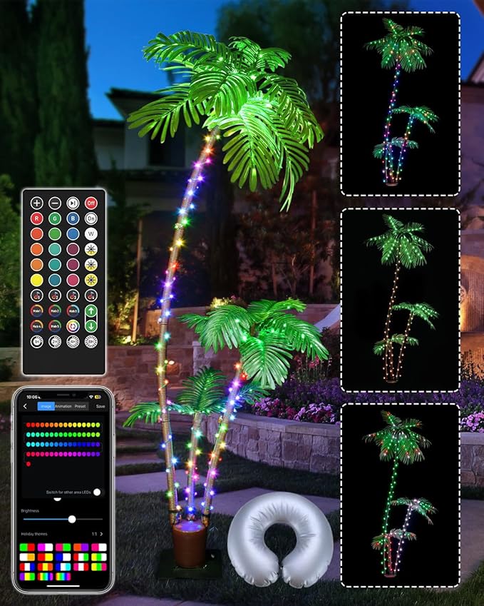 Smart Lighted Artificial Palm Tree 6 Feet for Tiki Bar Outside Patio, RGB Color Changing Christmas Tree 208LED, DIY Light Show, Music Sync Light up Pool Yard Tropical Fake Plant Light Indoor Decor