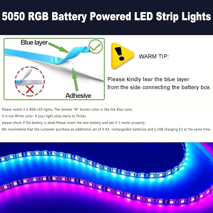 KIKO Battery Powered Led Strip Lights 6.56ft, 2m USB/Battery Operated 60 LED 5050 RGB LED Lights Birthday Christmas Gift with Remote for TV Backlight, Bedroom, Camping