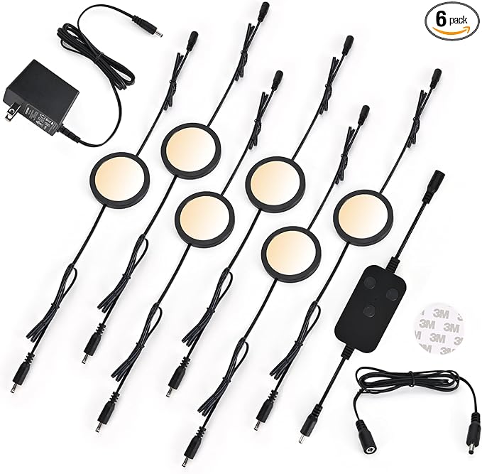 6pack LED Puck Light Kit, 2700-6000K Smart Round Under Cabinet Lighting with APP Control, Compatible with Alexa, Google Assistant, for Under Counter, Kitchen (Black)