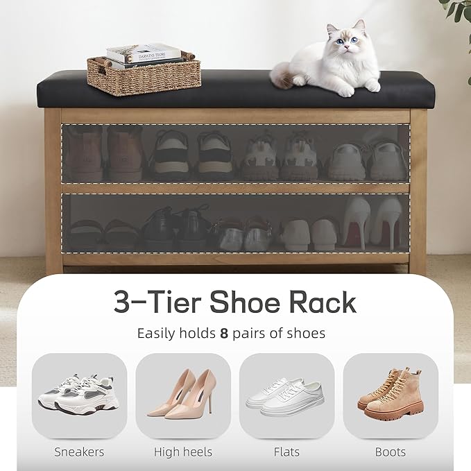 Shoe Rack Bench with Leather Cushion, 2 Tier Solid Wood Storage Bench, Mid-Century Modern Shoe Bench for Entryway, Hallway, Closet, Front Door Entrance, Foyer (Black, 39.4")