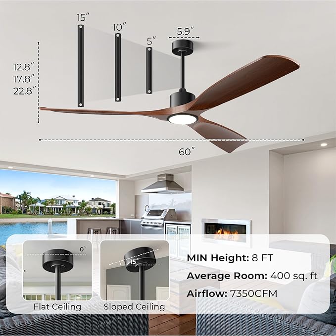 Ceiling Fans with Lights, Ceiling Fans with Lights and Remote, 60 inch Modern Smart Ceiling Fan with Light, Outdoor Ceiling Fans for Patios 3 Blade Bedroom Living Room Porch(Dark Walnut)