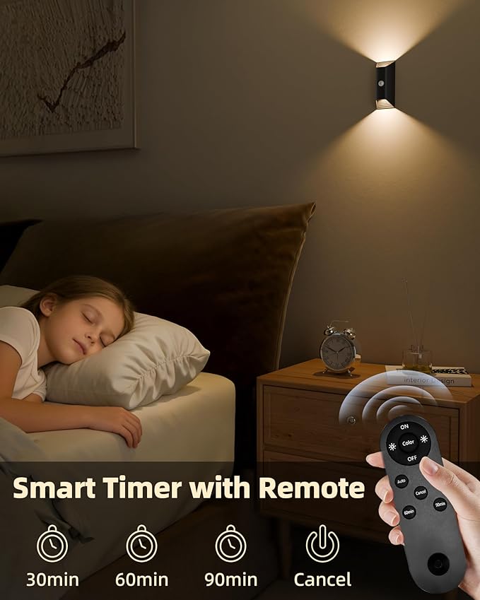 EZVALO Motion Sensor Wall Lights, 4000mAh Rechargeable Battery Operated Wall Sconces Set of 2, 3 Color Temps, Dimmable, Wireless Magnetic Night Light with Remote, Timer, for Hallway, Stair, Bedroom