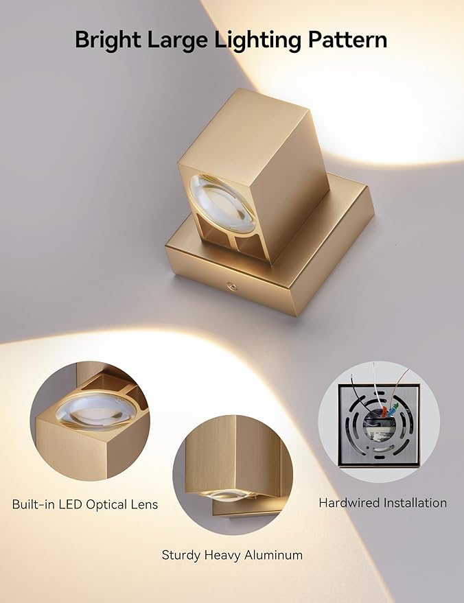 Tubicen Wall Sconce Up Down Indoor Dimmable Home Theater Sconces Lighting Square Hardwired 10W Bright Modern Up and Down Wall Lights for Living Room Hallway Stairway Gold