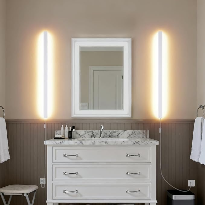 Modern Plug in Long Wall Sconce, 39.3" White Matte LED Wall Lights, 20W Warm White 3000K Acrylic Indoor Wall lamp, with 59" Plug Cable for Bedroom, Living Room, Hallway