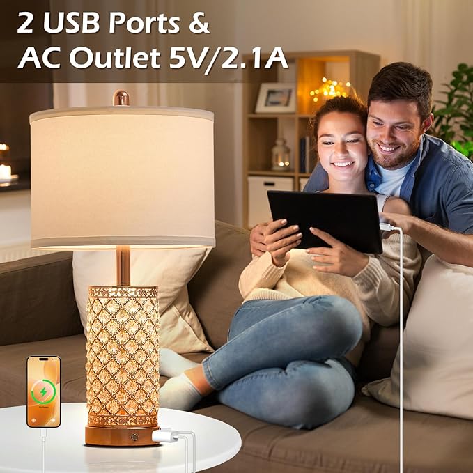Crystal Table Lamps Modern 3-Way Dimmable Bedside Lamp with 2 USB Ports & AC Outlets for Living Room Bedroom Nightstand Lamp Night Light (Rose Gold-2 Pack 24In)