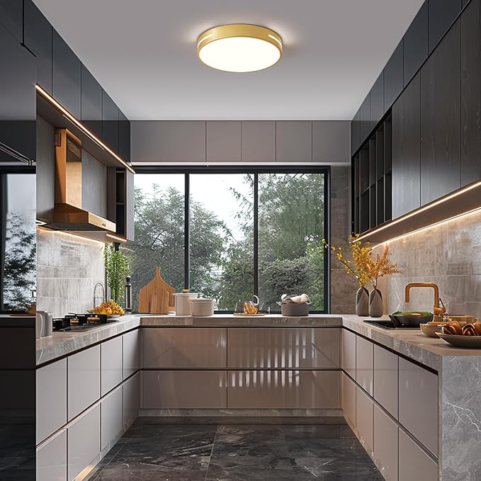Modern Gold Flush Mount Ceiling Light Mid-Century LED Ceiling Light Bedroom Light Fixture Minimalist Ceiling Lamp for Living Room Kitchen Hallway Bedroom 15.75 Inch