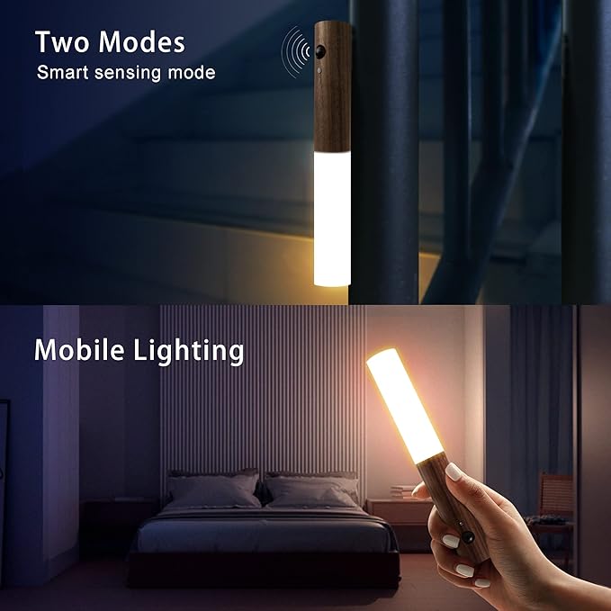 Wooden LED Night Lights Motion Sensor Indoor Magnet Body Rechargeable Wall Mounted Torch Light for Bedroom, Hallway, Stairway and More(White Ash Wood 2PCS)