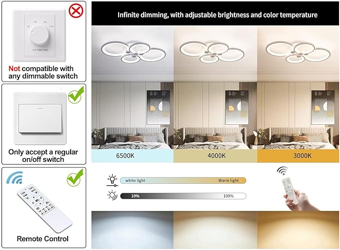 Ganeed Dimmable Modern Ceiling Light,Metal Acrylic LED Flush Mount Ceiling Light Fixtures,56W LED Chandelier Light Fixture for Living Room Kitchen Bedroom Dinner Room,3000-6500K