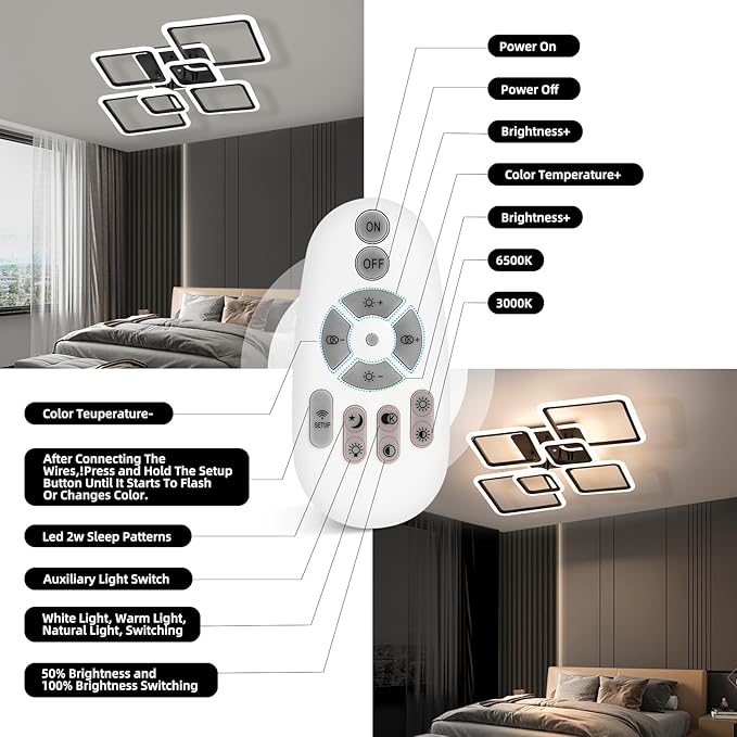 Smart LED Ceiling Light, 40.2″ Square Flush Mount Fixture, 6+1 Ring Modern Design, 130W Dimmable Acrylic Light with Remote, WiFi Alexa & App Control for Bedroom Living Room Dining Room (Black)