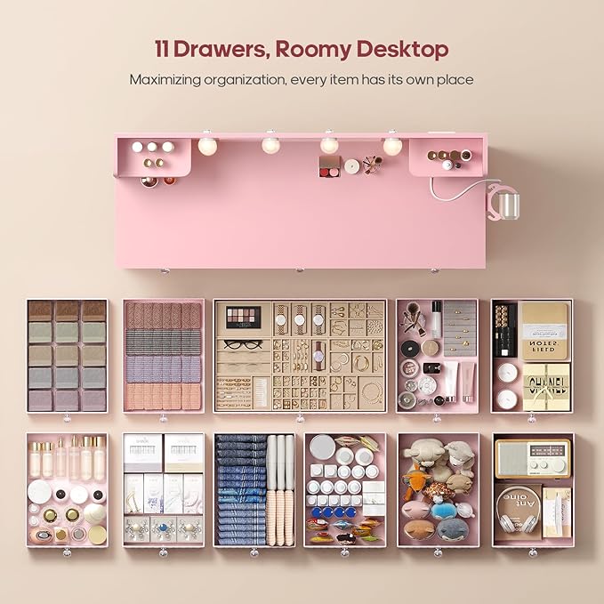 Pink Vanity with Lights and Mirror, 11 Drawer Makeup Vanity with Power Strip, 6 Open Shelves, 43.3” Vanity Desk with Storage, Dressing Table with 3 Color Modes for Bedroom, Women, Girls (Pink)