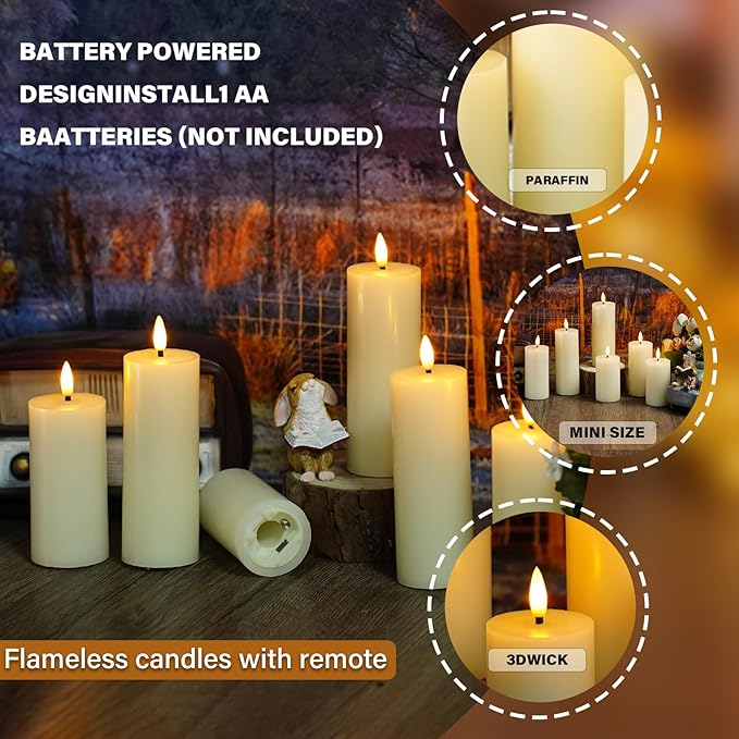 Flameless Candles Real Wax Realistic Pillar Candles, 9 Packs Battery Operated LED Candles with Remote Timer, Ideal for Halloween Home Decor Ivory（D 1.6"*H 4" 4.5" 5.5" ）