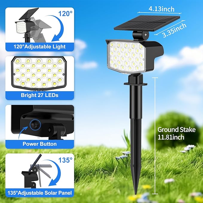 Solar Spot Lights Outdoor Waterproof Adjustable Solar Powered Landscape Lights for Yard 3 Long Time Lighting Modes Spotlights for Pathway Garden Outside Wall Pool Porch- 10 Pack, Cool White