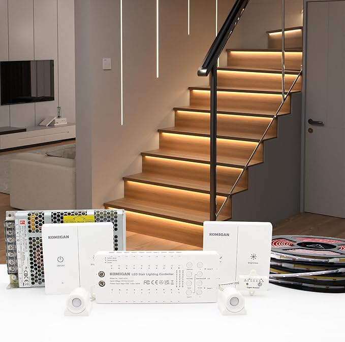 Motion Sensor with Daylight Sensor LED Stair Light Kit KMG-4233, Multiple Functions with Switch Panel Control, 40 Inches Light Strip for Indoor Use (Warm White 3000K, 20 Stairs)