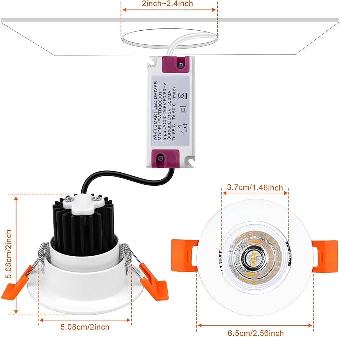LEDLightsWorld Smart Recessed Lighting 2 Inch RGBCW Color Changing Downlight, 110V 5W, CRI 80, Wi-Fi LED Recessed Ceiling Light with Driver, Compatible with Alexa/Google Assistant, 4 Pack