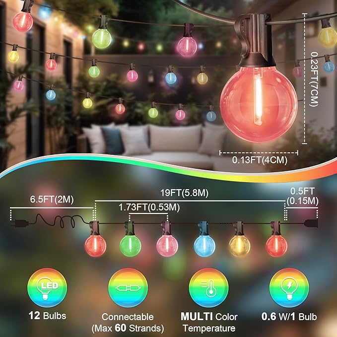 LAMPHOME 2 Pack LED Outdoor String Lights, 26FT Patio Lights with 12+1 Edison Shatterproof Bulbs, UL Waterproof Connectable Dimmable Multicolor Outside Easter Lights for Backyard Porch Decor