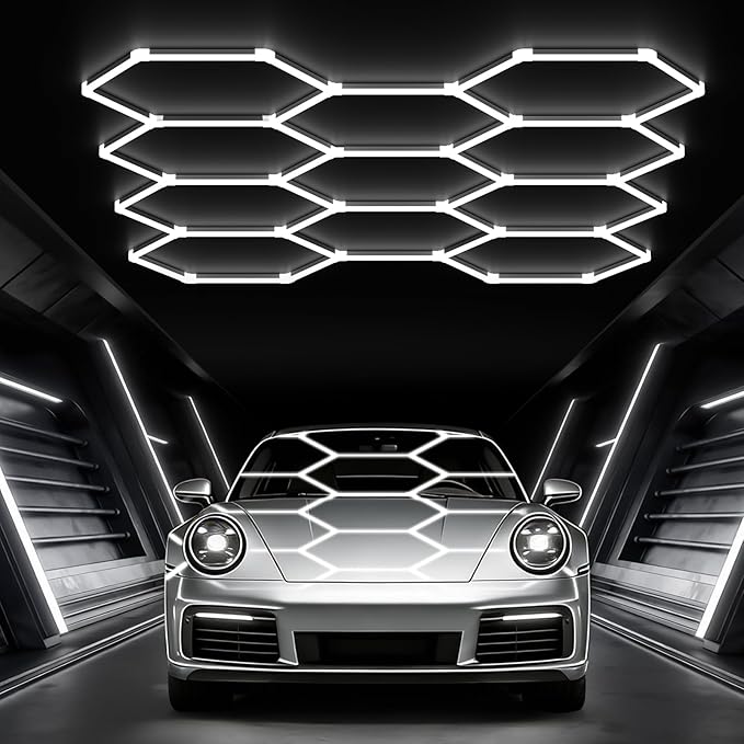 Glitgate Hexagon Garage Lights, 11 Grid System, 322W 35420LM LED Shop Light, 6500K Daylight White Ceiling LED, Flush Mount Hexagon Lighting for Gym Barbershop Workshop