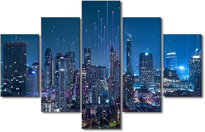 Modern City Poster Canvas Art 5 Panel Home Wall Decor Abstract Point Poster Communication Network Picture Connection Concept Picture Internet Workers Office Decor Frame Ready to Hang 60x40 Inch