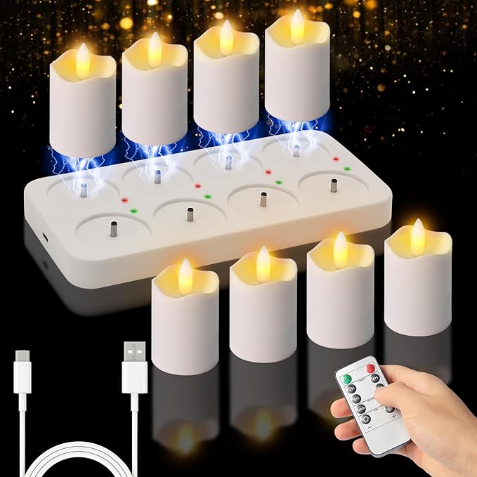 Rechargeable Flameless Tea Lights Candles with Remote Timer, 8 Pack 1.5" x 2.6" LED Candles with USB Charging Base, Small Votive Candle Electric Fake Candle for Wedding Table Decor Dining