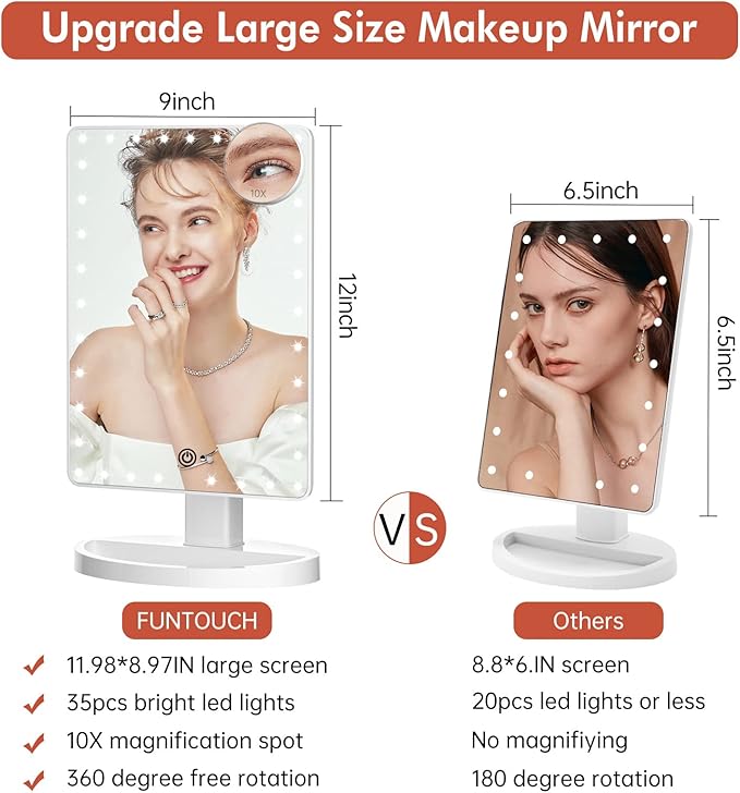 FUNTOUCH Large Lighted Makeup Mirror with Lights, Light Up Mirror with Small 10x Magnification for Desk, 360°Rotation Touch Screen,Brightness Adjustable Tabletop Cosmetic Vanity Make Up Mirror