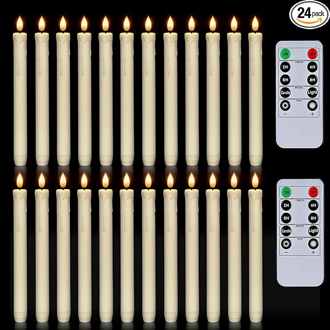 Homemory 24 Pcs Flameless Taper Candles with Remote, Timer, Plastic Battery Operated CandleSticks, Ivory Led Window Candles with Flickering Light, 9.6 Inches for Christmas Home Wedding Decor