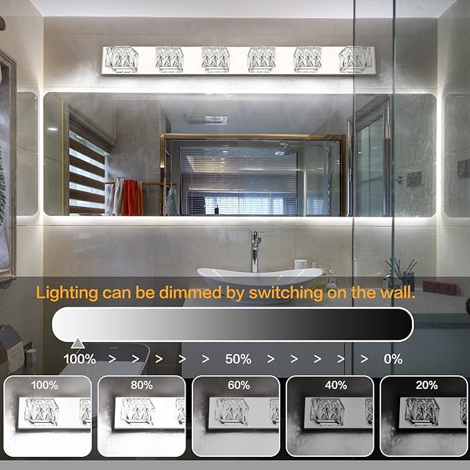 ZUZITO 6-Light Bathroom Vanity Lights - LED Chrome Bathroom Lighting Fixtures Over Mirror - 36W Modern Vanity Lights for Bath Wall - Crystal Vanity Light Bar Cool White Light