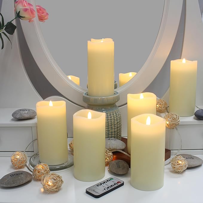 Stonebriar 6 Count Ivory Real Wax 3x6 Flameless LED Pillar Candles with Remote and Timer