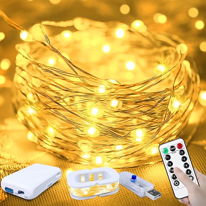 50LED Fairy Lights USB & Battery Powered, 16FT Warm White Fairy String Lights with 8 Modes & Timer, Cuttable Copper Wire Waterproof Twinkle Light Indoor Outdoor for Bedroom Wedding Christmas Decor
