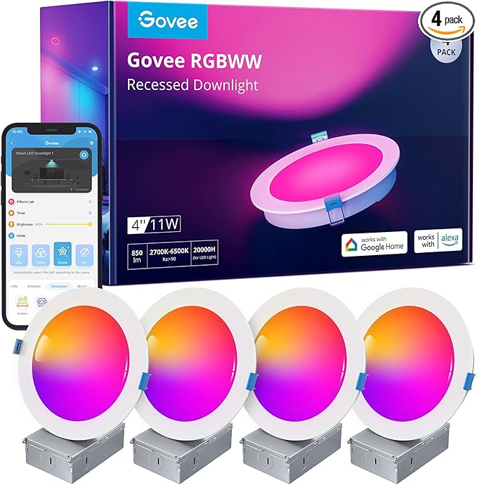 Govee Smart Recessed Lighting 4 Inch, Wi-Fi Bluetooth Direct Connect RGBWW LED Downlight, 65 Scene Mode, Work with Alexa & Google Assistant, LED Recessed Lighting with Junction Box, 850 Lumen, 4 Pack